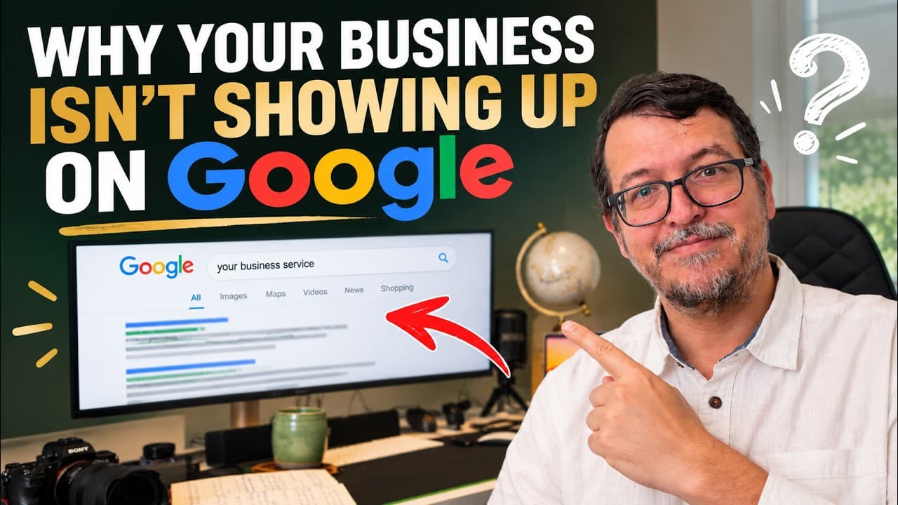 Terence beside a search-results illustration for Why your business is not showing up on Google